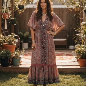 Anthropologie Boemo Floral Boho Maxi Dress Pink Teal Flutter Sleeve Tassel Large